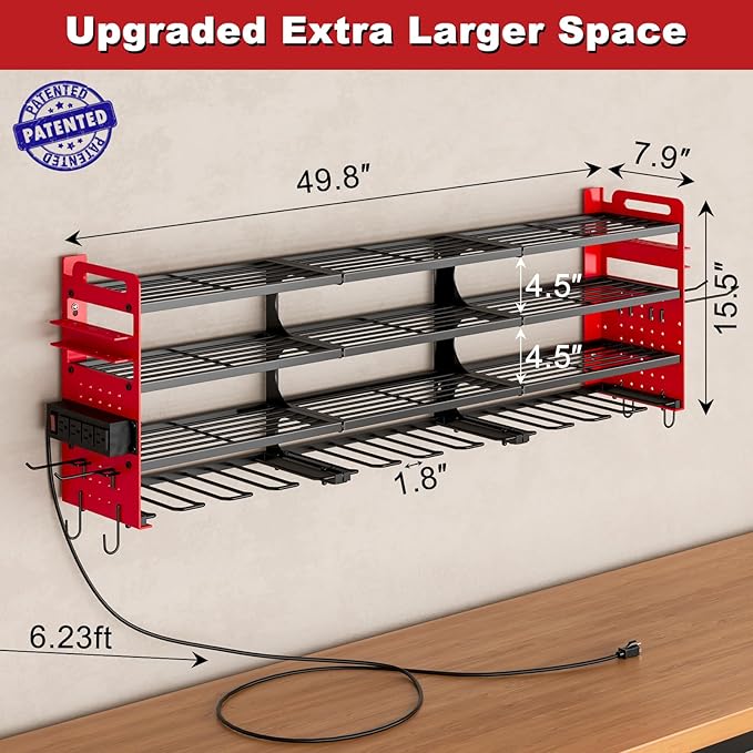 12 Cordless Drill Holder Large Power Tool Organizer Wall Mount with Side Pegboard & Screwdriver Holder, 4-Tier Heavy Duty Metal Tool Storage Rack with 4-Outlet Power Strip