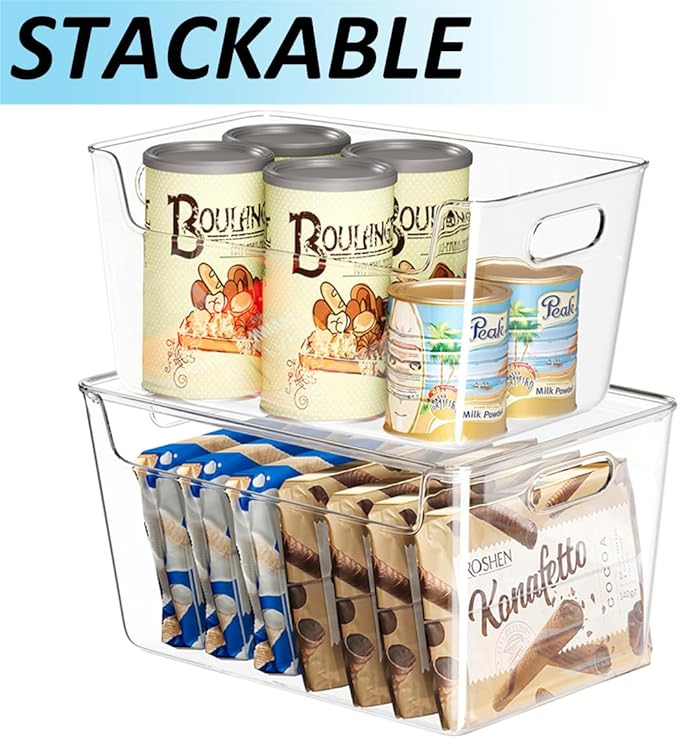 6 PCS Clear Plastic Storage Bins, 2-Sizes Stackable Storage Containers, Pantry Organizers and Storage with Handles, Perfect for Bathroom,Cabinet,Cupboard,Kitchen,Fridge,Closet Organization
