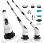 Electric Spin Scrubber with Long Handle: ALPONO Cordless Power Shower Scrubber Spin Brush with 7 Brush Replacement Heads for Cleaning Bathroom,Tub, Tile (Black)