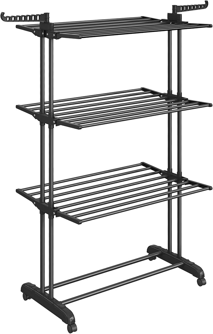 SONGMICS Clothes Drying Rack Stand 4-Tier, Foldable Laundry Drying Rack 68.1-Inch Tall, Stainless Steel, Rolling Clothes Horses Dryer Rack, Easy to Assemble, Indoor Outdoor Use, Ink Black ULLR701B01
