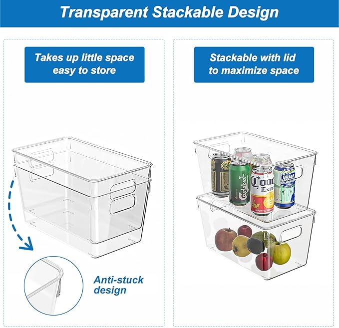 4 Pack Plastic Storage Bins with Lids, Clear Stackable Organizer with Handle, Kitchen Pantry Organizers and Storage, Perfect for Pantry, Refrigerator, Fridge, Bathroom, Cabinet, Closet, Kitchen