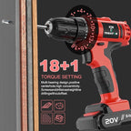 Tegatok Cordless Drill Set, 3/8 Drill Handheld Screwdriver Kit with 18+1 Torque Setting, 20V Electric Drills Tools Bit, LED Electric Power Drills with Battery and Charger, Red