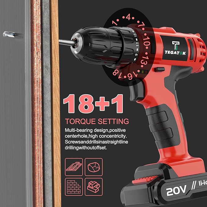 Tegatok Cordless Drill Set, 3/8 Drill Handheld Screwdriver Kit with 18+1 Torque Setting, 20V Electric Drills Tools Bit, LED Electric Power Drills with Battery and Charger, Red