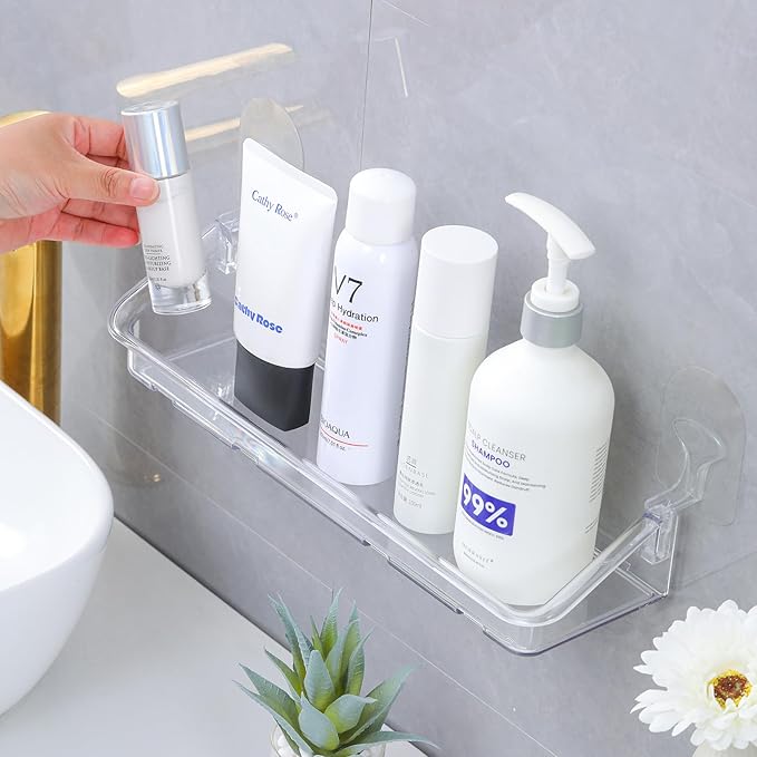 Acrylic Clear Shower Caddy Soap Dish 2pack Large Size 16.8"L 4.7"W 5.9"H Acrylic Shelves No Need To Drill Wall Adhesive Shelves With Self-Adhesive Tape For Bathroom Kitchen Rv(Shower Caddy L)