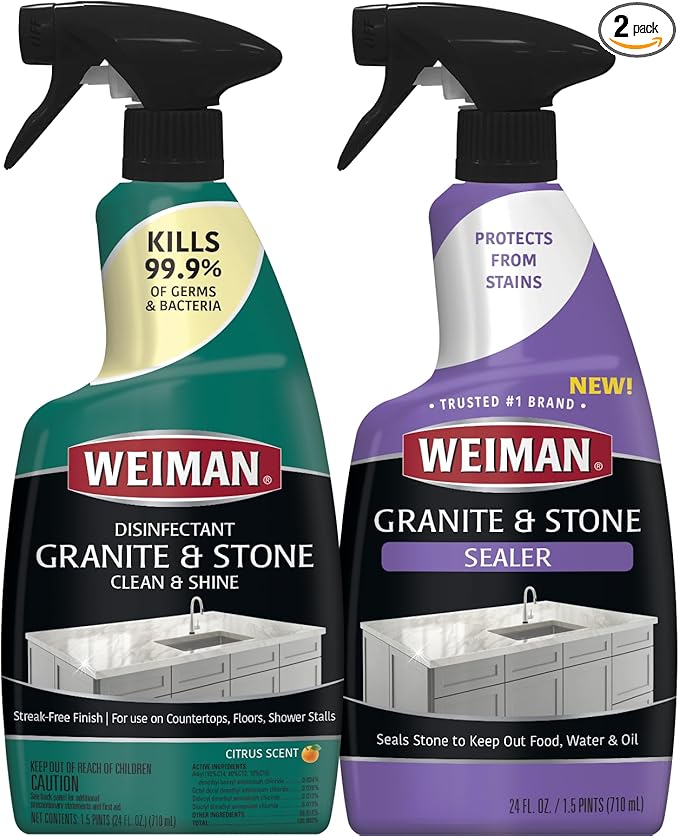 Weiman Disinfecting Granite & Stone Daily Cleaner and Sealer Kit - For Granite, Marble, Quartz, Quartzite, Slate - 24 oz Daily Kitchen Countertop Cleaner, 24 oz Granite & Stone Sealer