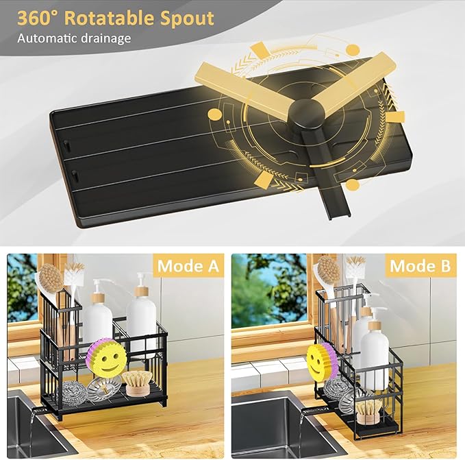 Sponge Holder for Kitchen Sink & Sink Caddy - 2-Tier Stainless Steel Organizer with Automatic Drainage, Rustproof Storage for Dish Brush, Soap Dispenser & Countertop Essentials