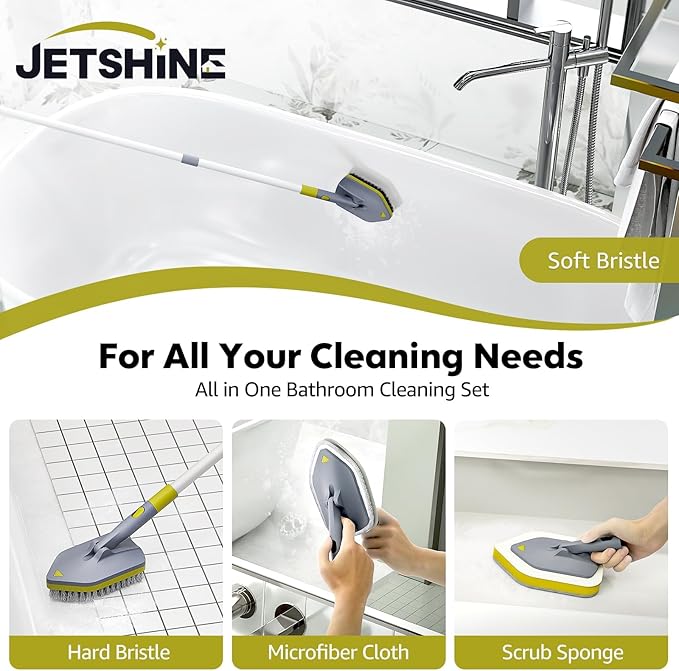 4 in 1Tile Tub Scrubber Brush | 62.2" Extendable Long Handle-Shower Cleaning Brush No Scratch Shower Scrubber for Cleaning Bathroom Kitchen Toilet Wall,Bathtub,Sink,Grey