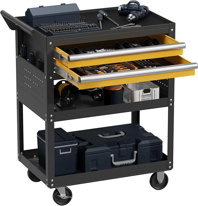 5-Tier Rolling Tool Cart on Wheels, Tool Storage Organizer for Mechanic, Heavy Duty Utility Cart with Drawers, Pegboards, Locking System, Suitable for Garage, Workshop, Warehouse