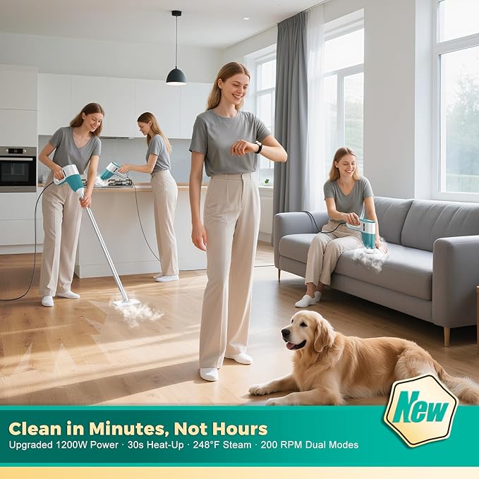 Steam Cleaner & Electric Spin Scrubber Combo, Effortless Design Steamer with 11 Accessories, 2 Modes & Detachable Long Handle, Multi-Surface Cleaning Tool for Floor, Tile, Grout, Bathroom & Car