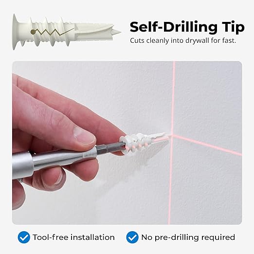 #8 Self Drilling Drywall Plastic Anchors with Screws - No Pre Drill Hole Preparation Required - 75 Lbs