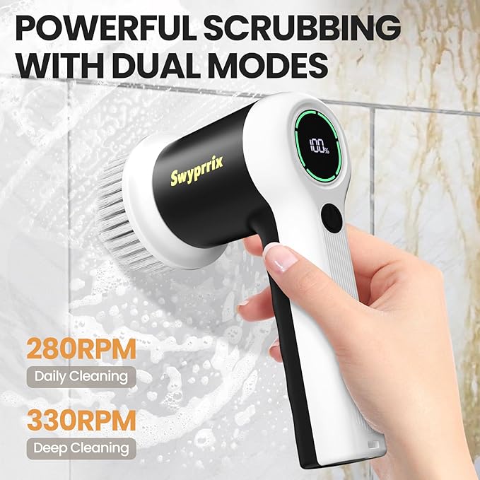 Electric Spin Scrubber, Cordless Shower Scrubber with Battery LCD Display for Kitchen, Bathroom and Window Cleaning Brush with 6 Replaceable Brush Heads, Full Body Waterproof IPX7-SD-CTB02