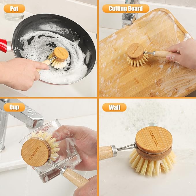 Bamboo Pot Dish Brush,3 Pack Natural Wooden Scrub Brush with Sisal Fiber,Suitable for Dishes,Pans,Pot and Other Utensils-Sustainable,Kitchen Cleaning Brush with 2 Replacement Brush Heads