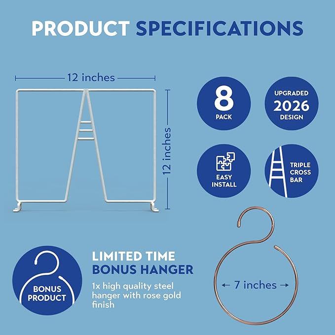 White Wire Shelf Dividers for Closet Organization – 8-Pack – Sturdy and Easy Set-Up Closet Shelf Dividers with Bonus Rose Gold Hanger – 12 inches x 12 inches