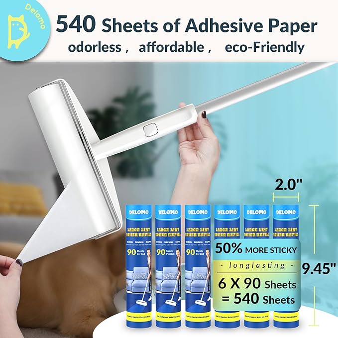 Lint Roller Refills (6 Pack, 540 Sheets) – DELOMO 9.45 in Large Lint Roller Refill, Compatible Only with DELOMO Floor Lint Roller, for Cleaning Carpets, Cars, Clothing & Pet Hair