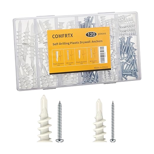 Self Drilling Drywall Anchors and Screws Kit (120PCS, 2 Sizes – #6 & #8) – Heavy Duty Wall Anchors for Curtain Rods,Shelves,Picture Frames – No Pre-Drill,Easy Installation