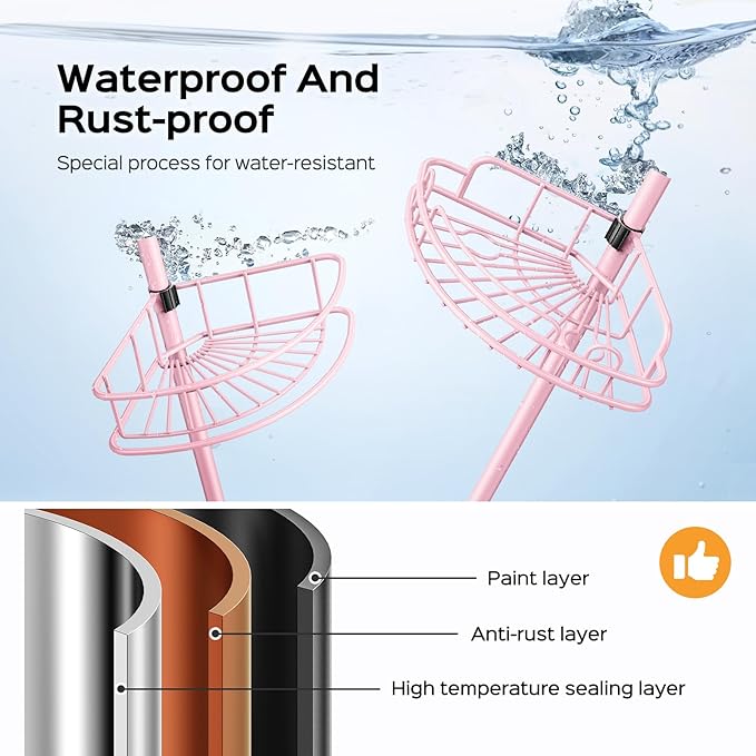 HAMITOR Corner Shower Caddy Tension Pole: 4-Tier Rust-Resistant Adjustable Bathroom Organizer Shelves - 47-121 Inch No-Drill Quick Installation - Space-Saving Storage for Renters Family - Pink