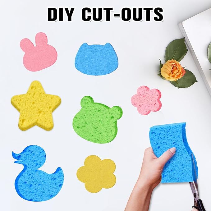 LemonRoad 48 Pcs Kitchen Scrubs Sponges Compressed Cellulose Wash Dishes Sponges for Kitchen Bathroom Cleaning Non-Scratch Natural Colorful Sponge for Washing Dishes Sink Cars Cut-Outs DIY