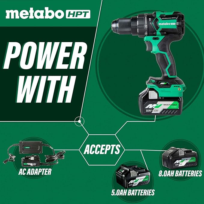 Metabo HPT 36V MultiVolt™ Cordless Brushless 1/2" Hammer Drill Kit, Power Drill Kit with Lithium-Ion Metabo Batteries , Case and Charger, Compact Lightweight Power Tool, DV36DC