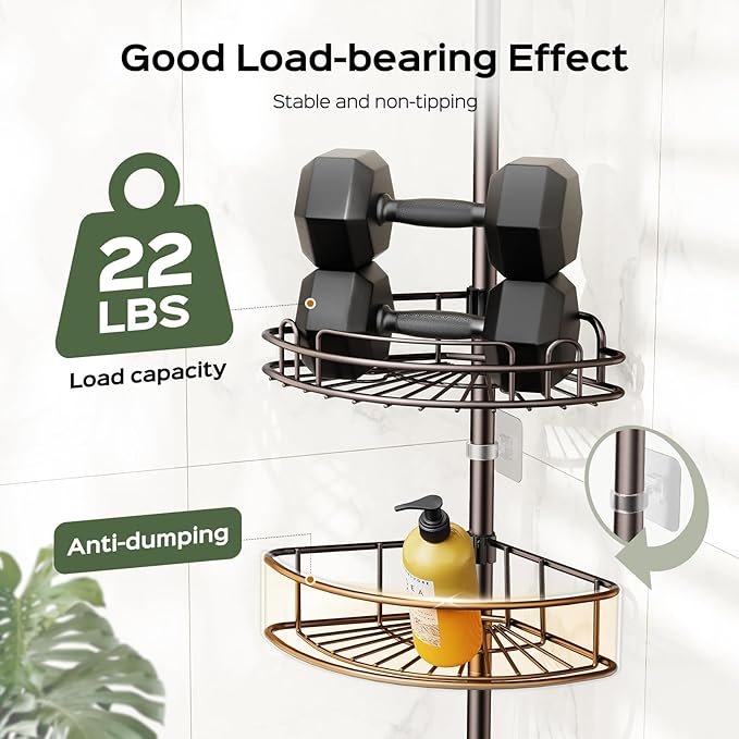 HAMITOR Corner Shower Caddy Tension Pole: 4-Tier Rust-Resistant Adjustable Bathroom Organizer Shelves - 47-121 Inch No-Drill Quick Installation - Space-Saving Storage for Renters Families - Bronze