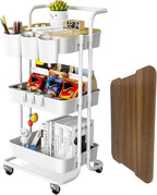 3 Tier Rolling Cart with Metal Handle, Table Top, Hanging Cups, Hooks, Plastic Storage Baskets& Wheels Lockable, Utility Cart for Bathroom Classroom Office Kitchen Pantry Organizers and Storage, White