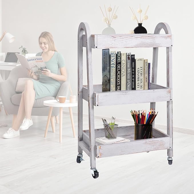 3-Tier Rolling Utility Cart with Lockable Wheels Storage Slim Storage Heavy Duty Cart Mobile Shelving Unit Craft Narrow Organizer for Bathroom Laundry Kitchen (Vintage Grey)