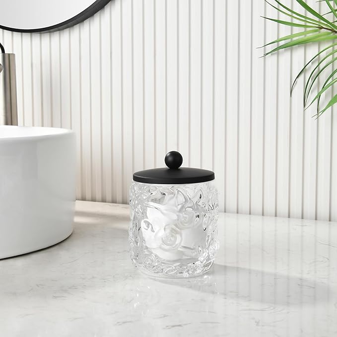 Clear Transparent Apothecary Floral Embossed Glass Jar With Matte Black Metal Lid Cover for Bathroom Organization, Cotton Balls, Q Tips, and Small Accessories, Bathroom Storage