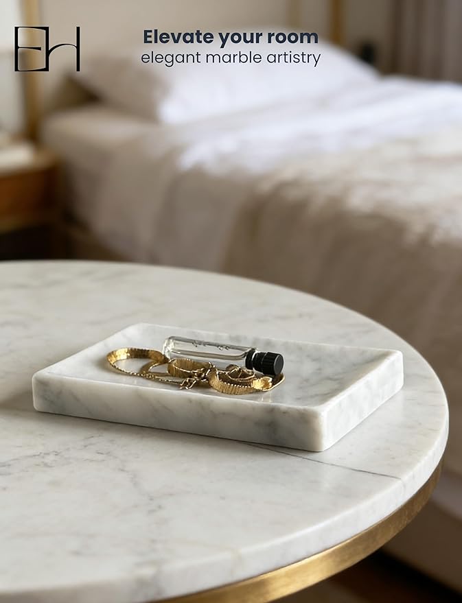 Natural Marble Soap Dish for Shower with Silicone Non-Slip Feet, Stone Drying Tray, Bar Soap Saver, Holder Container for Bathroom Decor Accessories(Carrara White, Rectangular)