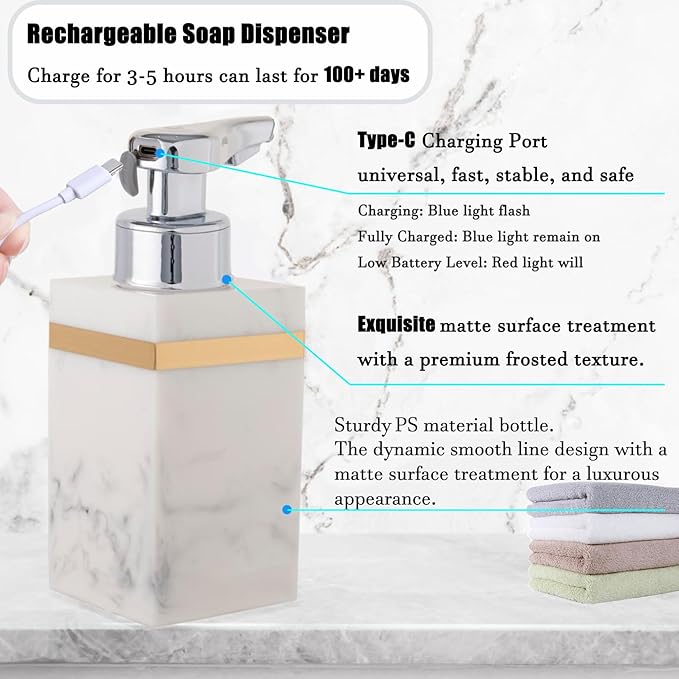 Automatic Soap Dispenser, Touchless Smart Foam Soap Dispenser, USB Rechargeable, 7.6oz / 225ml, Dish Soap Dispenser for Bathroom, Kitchen, Hotel - White & Gold