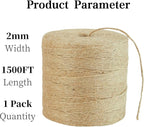 2mm Natural Jute Twine String 1500 Feet Long Jute Rope for Crafting Plant Gardening Gift Christmas Handmade Arts Wrapping Twine Cord Crochet Knitting DIY Home Decor