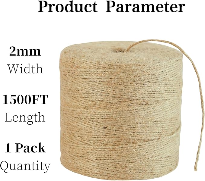 2mm Natural Jute Twine String 1500 Feet Long Jute Rope for Crafting Plant Gardening Gift Christmas Handmade Arts Wrapping Twine Cord Crochet Knitting DIY Home Decor
