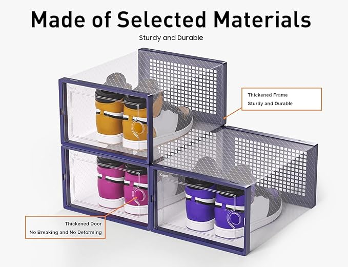 Kuject X-Large Shoe Storage Boxes Organizers Clear Plastic Stackable 12 Pack, Shoe Rack & Holder Substitute, Sneaker Containers, Toy Storage Organizer Bins for Entryway, Closet, Under Bed, Blue