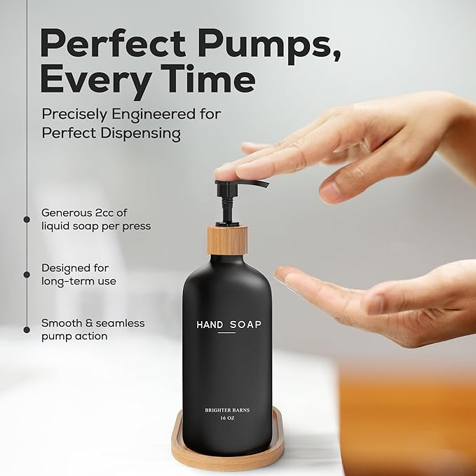 Black Glass Hand and Dish Soap Dispenser Set by Brighter Barns - Kitchen Soap Dispenser Set with Tray - Bamboo Pump Bottles for Kitchen Sink - Boho Modern Home Decor, Neutral Home Accessories (Black)