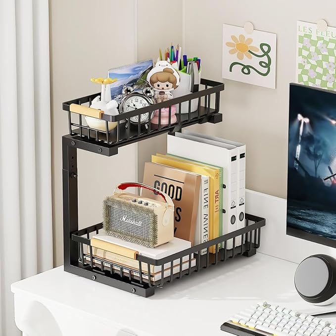 2-Tier Slide Out Under Sink Organizer – 2-Tier Pull-Out Storage Rack, Bathroom organizers and storage for Kitchen and Bathroom, Space-Saving Cabinet Organizer, Rustproof,（Black)(2 Pack)