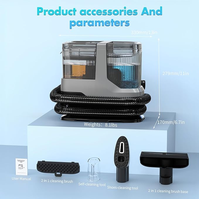 Portable Carpet & Upholstery Cleaner, 18Kpa Power Suction Spot Cleaner Machine for Deep Pet Stain Remover, Carpet, Area Rugs, Couches, Stairs, Cars, Includes Tools & Self-Cleaning, Grey