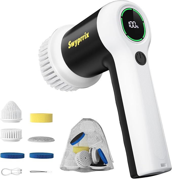Electric Spin Scrubber, Cordless Shower Scrubber with Battery LCD Display for Kitchen, Bathroom and Window Cleaning Brush with 6 Replaceable Brush Heads, Full Body Waterproof IPX7-SD-CTB02