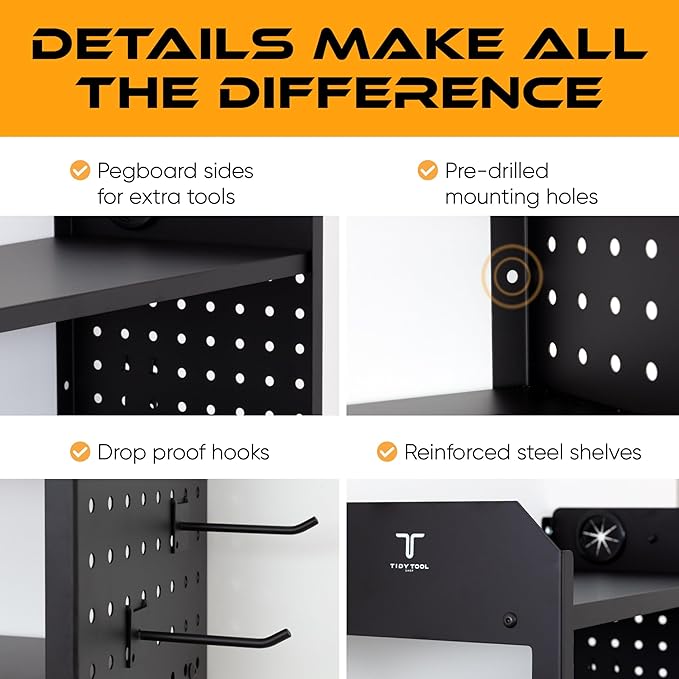 Power Tool Organizer - Wall Mount Storage for Garage Organizes 4 Cordless Drills & Tools - Heavy Duty Rack w Pegboard Sides Shelves & Hooks - Neatly Holds Screwdrivers & Drill Bits BLACK/BLACK