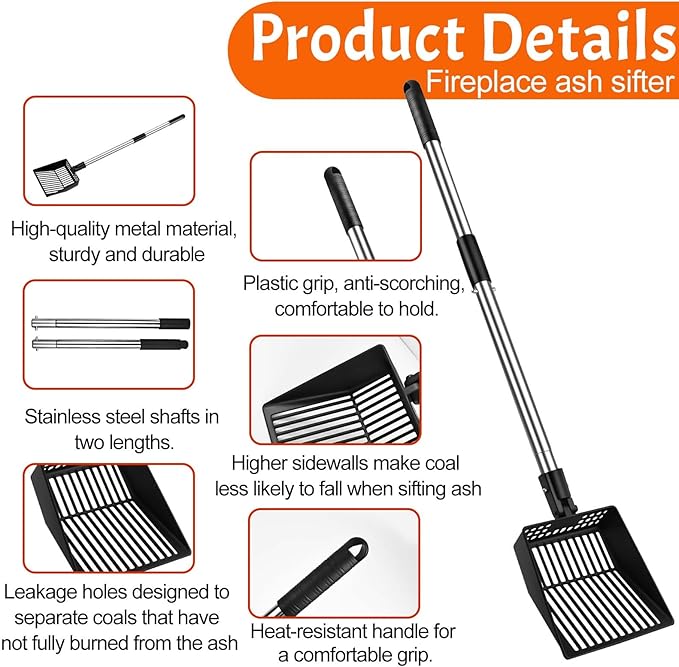 Long Handle Fireplace Ash Sifter, Hollow Out Metal Coal Shovel Adjustable Charcoal Shovel Scoop Heat Resistant Fireplace Tools for Wood Stove Fire Pit Grill (26inch/36inch)
