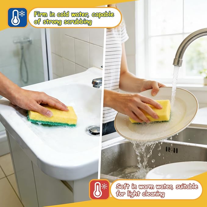 Orighty Dish Sponges, Dual-Sided Temperature-Responsive Kitchen Sponges, Non-Scratch Cleaning Sponge, Dish Scrubber, Scrub Sponge for Kitchen, Bathroom & Household, 6 Pack