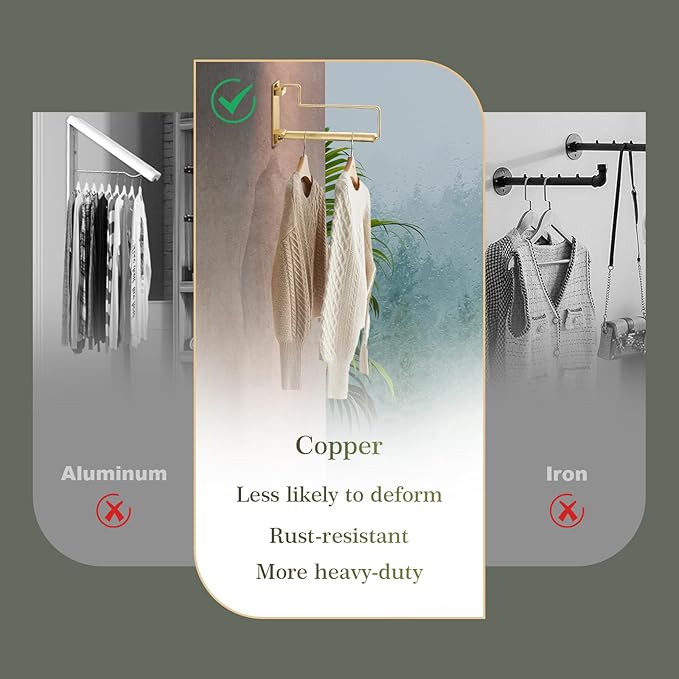 NEWRAIN Clothes Drying Rack, Laundry Racks for Drying Clothes, Wall Mounted Swing Arm Clothes Hanger for Laundry Room, Garage, Indoor & Outdoor Use,Brushed Gold