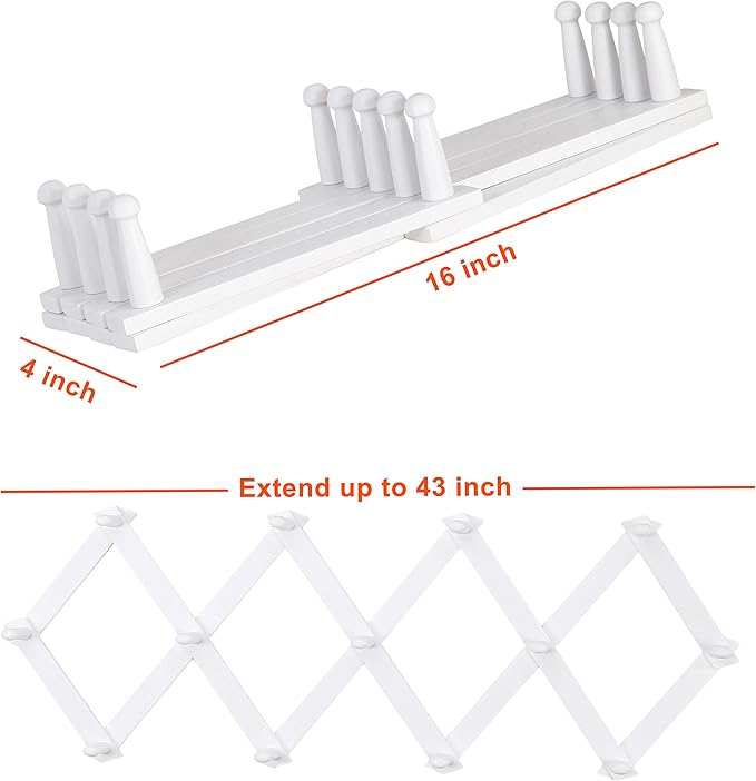 Dseap Accordian Wall Hanger: 16” High Wooden Wall Expandable Coat Rack, Hat Rack Holder, Accordion Hook for Baseball Caps, Coats, Mugs, 13 Peg Hooks, White