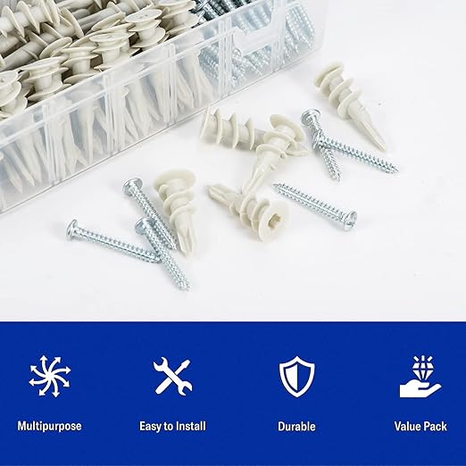 260 PCS Self Drilling Drywall Anchors, 3 Sizes Nylon Plastic Wall Anchors with Screws for Drywall, No Pre Drill Hole Preparation Required, 10x35mm, 13x42mm, 15x32mm