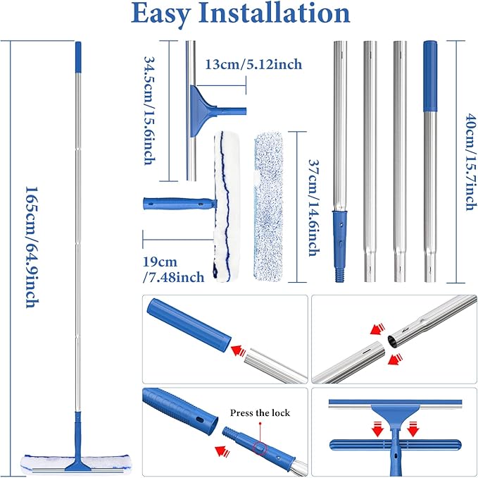 2 in 1 Window Cleaner Kit with Long Handle and Microfiber Scrubber for Glass, Car, Home Floor