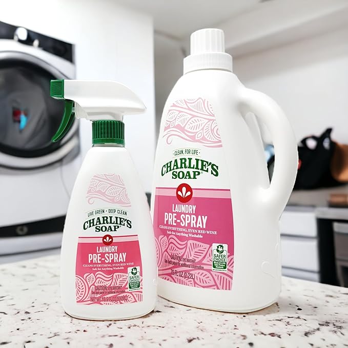Charlie’s Soap Laundry Pre-Spray Stain Remover Refill Kit (91.9 fl oz), Natural Laundry Pretreat and Stain Remover (2 Pack - One 16.9oz Sprayer and One 75oz Refill)