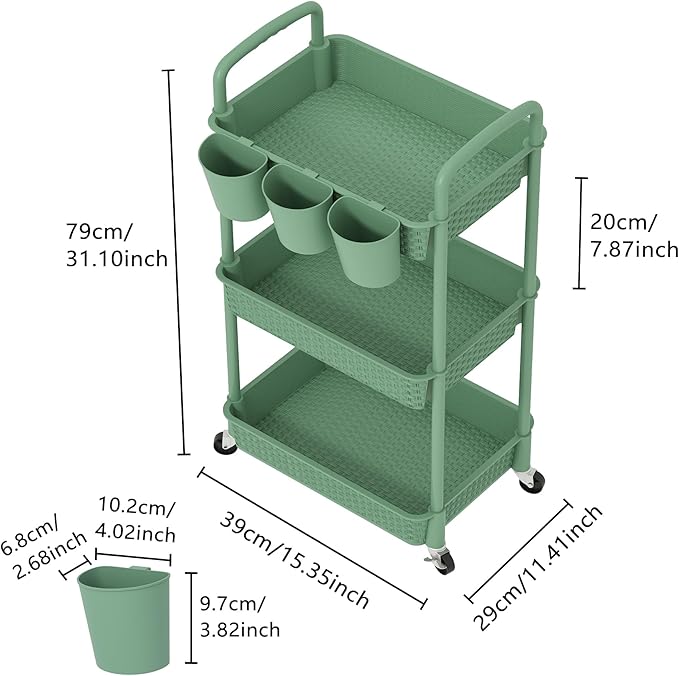 MOYIPIN 3-Tier Plastic Rolling Utility Cart with Handle,Utility Storage Cart for Office, Living Room, Kitchen,Movable Storage Organizer Shelves,Green with 6 Hanging Cups