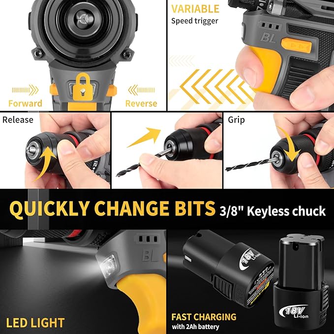 Cordless Drill Tool Set, 18V Brushless Compact Power Drill Kit with 2 Battery, 120 PCS Household Tool Kit with Driver Taladro, Men Electric Taladros Inalámbricos for Daily Home Repair