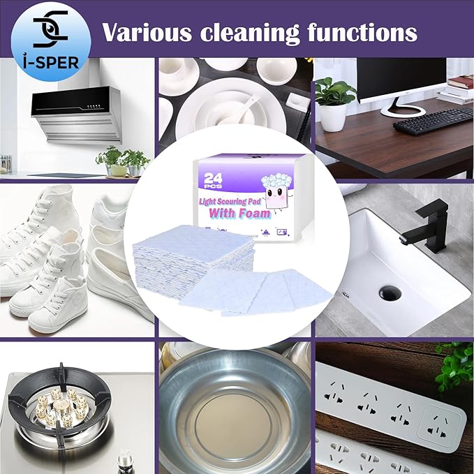 50 Pcs Light Scouring Pad with Foam, Triple Cleaning Scrub Pad Singles Heavy Duty Household Non-Scratch Abrasive Hand Pad Multi Surface Magic Sponge Eraser Sheets for Home Surfaces Indoor Cleaning