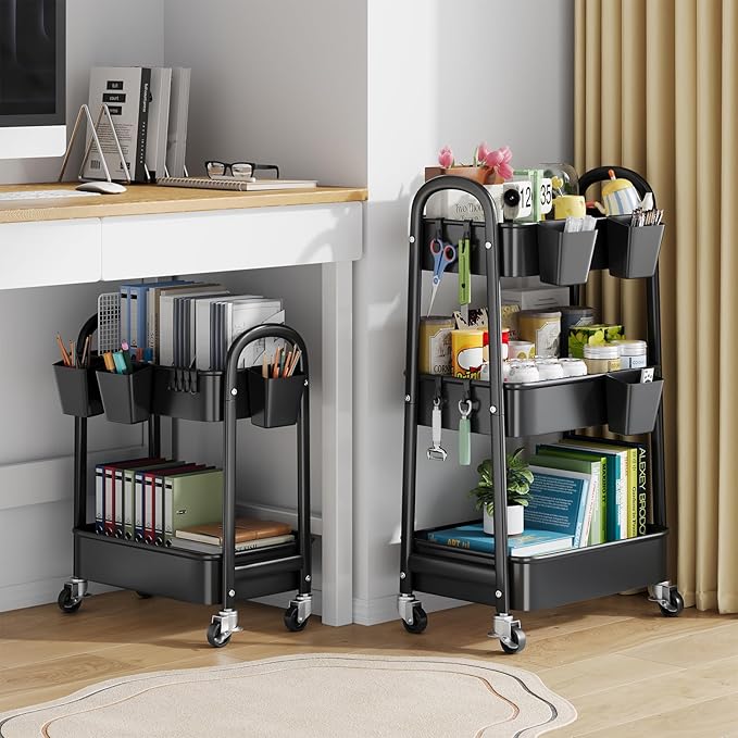 2 Tier Utility Rolling Cart, Storage Organizer Sofa Side Table with Wheels, Under Desk Mobile Trolley Organizer with Handle for Office Home Kitchen Organization, Black