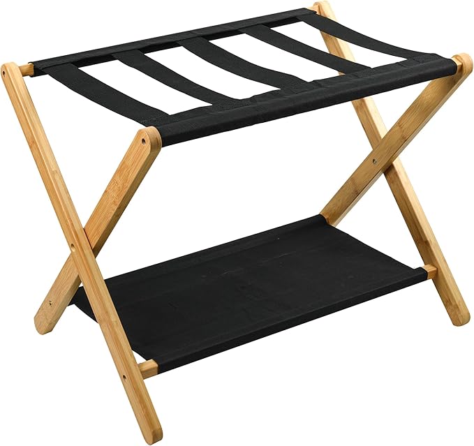 VASMIA Luggage Rack, Folding Suitcase Stand with Storage Shelf,Bamboo Luggage Stand for Guest Room,Bedroon and Hotel,Holds up to 131 lb,Fit Most Luggage Size,Natural