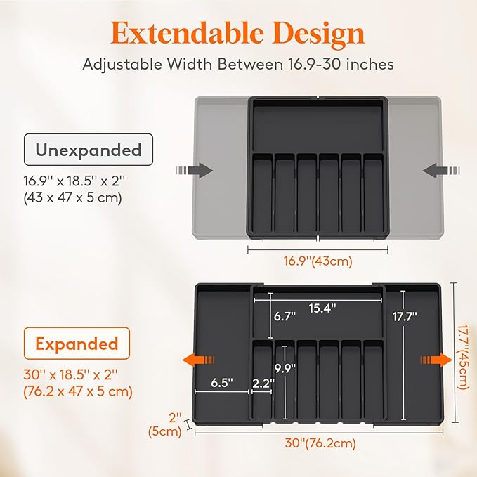 Lifewit Silverware Drawer Organizer, Expandable from 16.9 to 30 inches, Large Utensil Tray for Kitchen, Adjustable Cutlery Holder, Plastic Flatware Storage for Spoons Forks Knives, Black