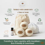 AuraNest Premium Quality Wool Dryer Balls Kit – 100% Organic XL Dryer Balls with Essential Oil & Laundry Mesh Bag, Reusable Fabric Softener Alternative to Dryer Sheets, Eco-friendly Housewarming Gift